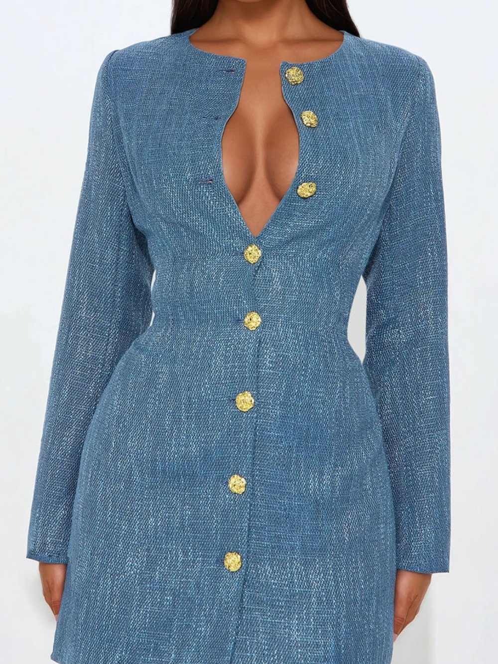 Fashion Nova Blue Button-Front Mini Dress with Gold Buttons - Picture 3 of 7